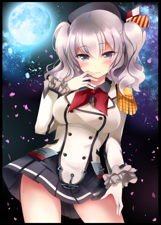 1girl breasts buttons cherry_blossoms epaulettes full_moon gloves grey_hair hand_on_leg ichiyou_moka jacket kantai_collection kashima_(kantai_collection) large_breasts looking_at_viewer military military_uniform miniskirt moon night petals sidelocks silver_hair sketch skirt smile solo tsurime twintails uniform wavy_hair white_gloves