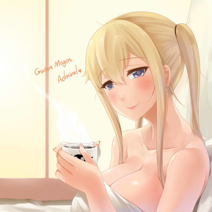 1girl blonde_hair blue_eyes blush breasts cleavage coffee collarbone cup darkmaya graf_zeppelin_(kantai_collection) hair_ribbon kantai_collection lips morning pillow ranguage revision ribbon short_hair smile solo steam topless translated two_side_up window