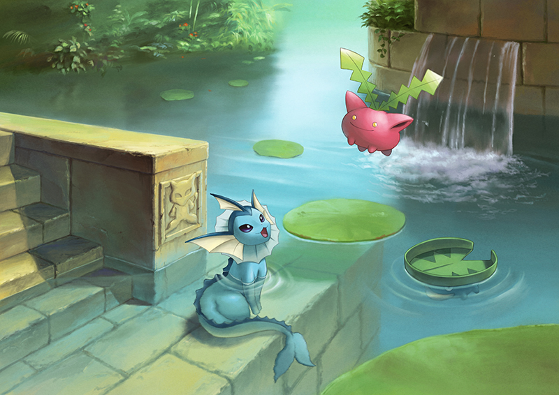 :3 afloat artist_request atelier_pocket blue_eyes floating hieroglyphics hoppip in_water lily_pad looking_up lotad mew no_humans open_mouth plant pokemon pokemon_(creature) ripples sitting smile stairs tail vaporeon water