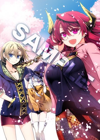 3girls blonde_hair blue_eyes blue_hair boots braid breasts cherry_blossoms contemporary demon_horns female flat_chest hands_in_pockets hat hood_down horns ishida_akira large_breasts long_hair long_skirt lowres making_of maou_(maoyuu) maoyuu_maou_yuusha miniskirt multiple_girls official_art onna_kishi_(maoyuu) onna_mahoutsukai_(maoyuu) open_mouth pink_eyes poncho promotional_art redhead sample short_shorts shorts single_braid skirt smile thigh-highs thigh_boots violet_eyes witch_hat