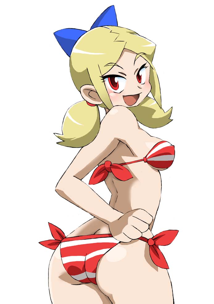 1girl ass back bandeau bangs bare_shoulders bikini blonde_hair bow breasts butt_crack cowboy_shot eyebrows eyebrows_visible_through_hair hair_bow looking_at_viewer looking_back low_twintails onnaski parted_bangs red_bikini red_eyes shantae shantae_and_the_pirate's_curse short_twintails side-tie_bikini sidelocks solo striped striped_bikini striped_swimsuit swimsuit twintails twitch_(shantae) under_boob white_background