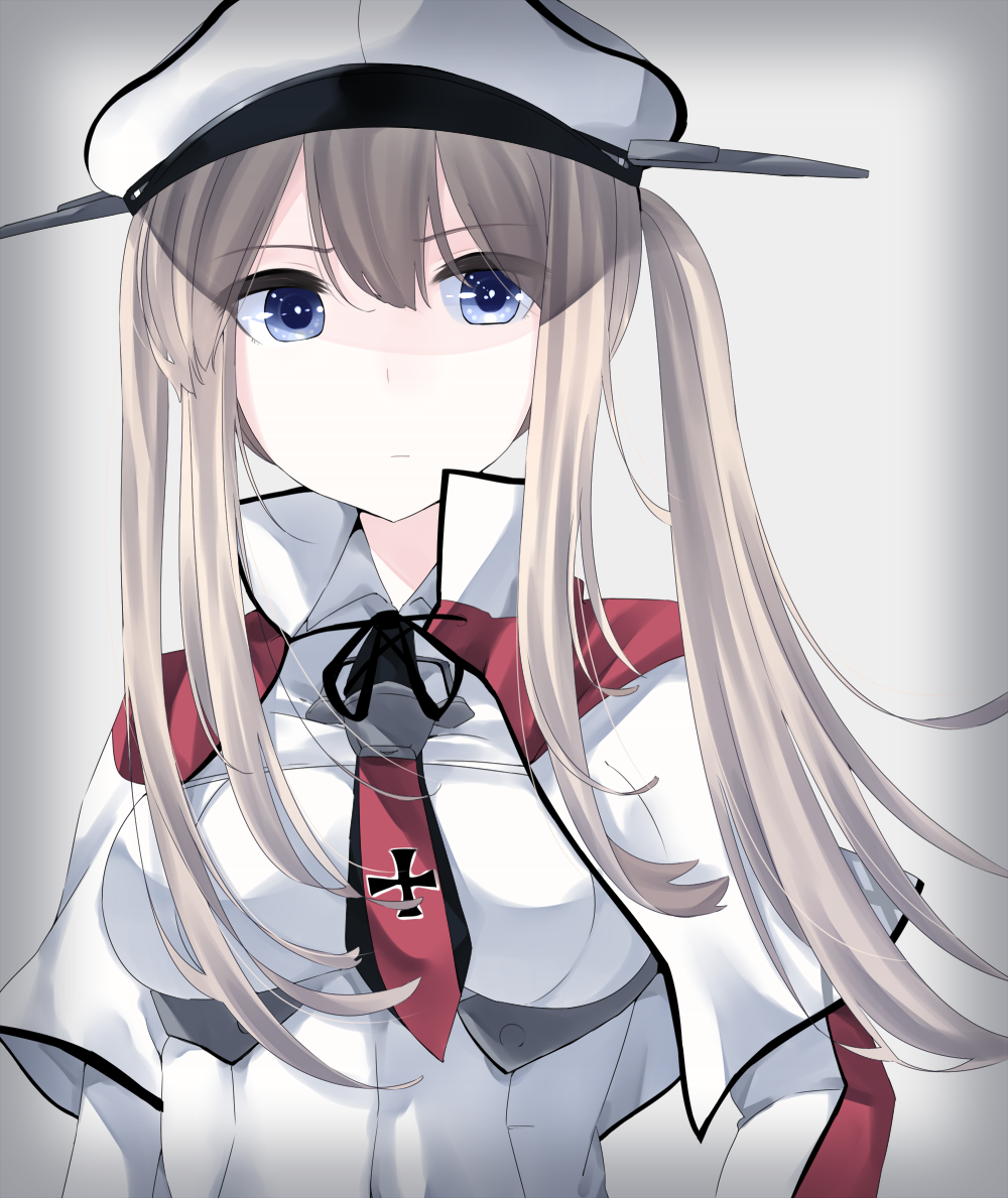 1girl alternate_eye_color blonde_hair blue_eyes breasts capelet commentary_request cross graf_zeppelin_(kantai_collection) hair_between_eyes hat impossible_clothes jacket kantai_collection large_breasts long_hair looking_at_viewer necktie peaked_cap sidelocks simple_background solo tsurime twintails uniform upper_body yukichi_(sukiyaki39)