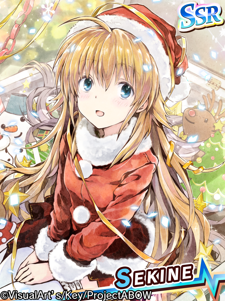 1girl angel_beats! blonde_hair blue_eyes hat long_hair reindeer santa_costume santa_hat sekine sitting snowman star takano_otohiko wariza