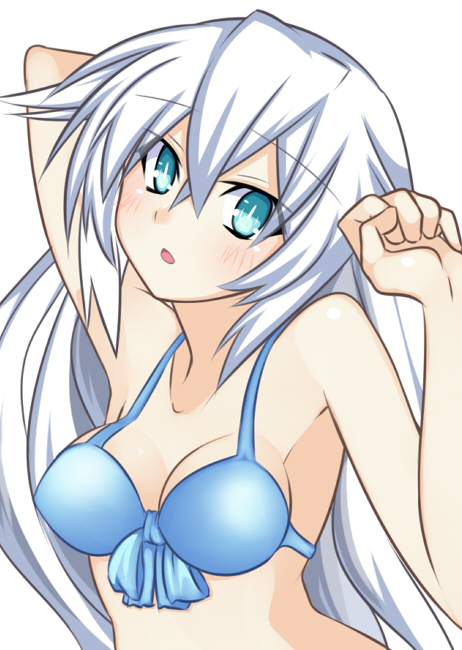 1girl aqua_eyes bare_shoulders black_heart blue_eyes blush breasts cleavage long_hair looking_at_viewer meimu_(infinity) neptune_(series) noire solo swimsuit symbol-shaped_pupils white_hair