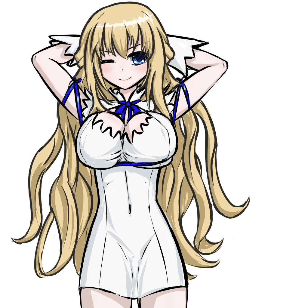 1girl blonde_hair blue_eyes blush breasts cleavage dungeon_ni_deai_wo_motomeru_no_wa_machigatteiru_darou_ka hestia_(danmachi) hestia_(danmachi)_(cosplay) large_breasts long_hair neptune_(series) one_eye_closed sketch smile solo vert