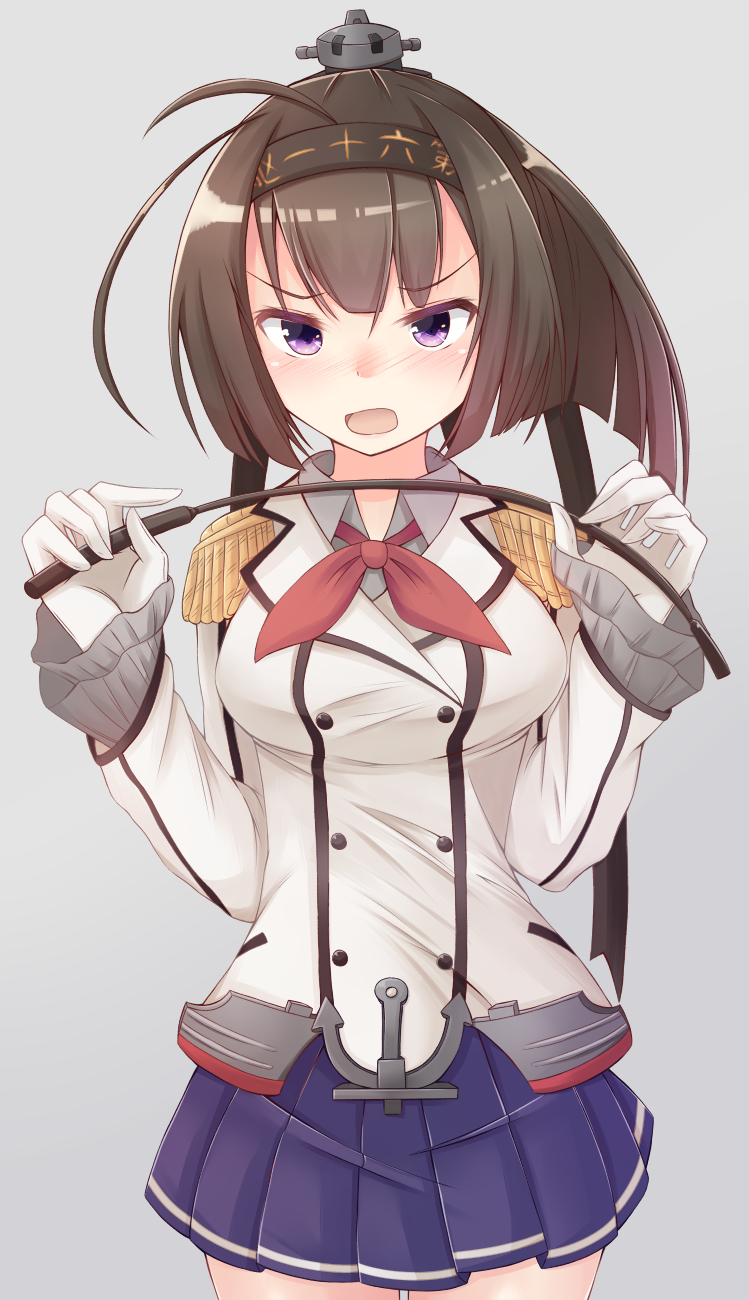 1girl ahoge akizuki_(kantai_collection) anchor bangs blue_skirt brown_hair buttons collared_shirt cowboy_shot double-breasted doyachii epaulettes eyebrows eyebrows_visible_through_hair frilled_sleeves frills gloves grey_background grey_shirt hairband hands_up headgear highres holding jacket kantai_collection kashima_(kantai_collection) kashima_(kantai_collection)_(cosplay) long_hair long_sleeves looking_at_viewer military military_uniform miniskirt open_mouth pleated_skirt riding_crop shirt skirt uniform violet_eyes white_gloves