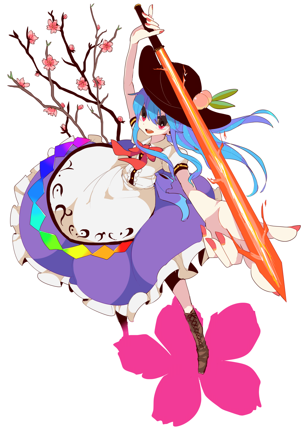 1girl blouse blue_hair boots bowtie cherry_blossoms flaming_sword food foreshortening fruit full_body hat highres hinanawi_tenshi long_hair looking_at_viewer nail_polish ngayope open_mouth peach puffy_short_sleeves puffy_sleeves rainbow_order red_eyes red_nails short_sleeves skirt solo sword_of_hisou touhou white_background