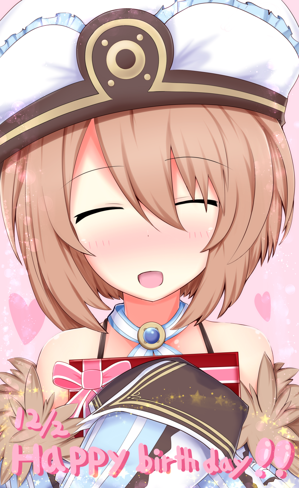 1girl bangs bare_shoulders birthday blanc blue_ribbon blush brooch brown_hair choujigen_game_neptune closed_eyes gift glitter happy_birthday haru_blanc0316 hat heart highres jewelry neptune_(series) open_mouth pink_background ribbon short_hair simple_background smile solo upper_body white_hat
