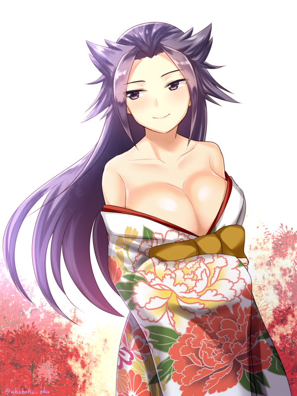 1girl bare_shoulders blush breasts cleavage eko japanese_clothes jun'you_(kantai_collection) kantai_collection large_breasts long_hair purple_hair smile solo violet_eyes