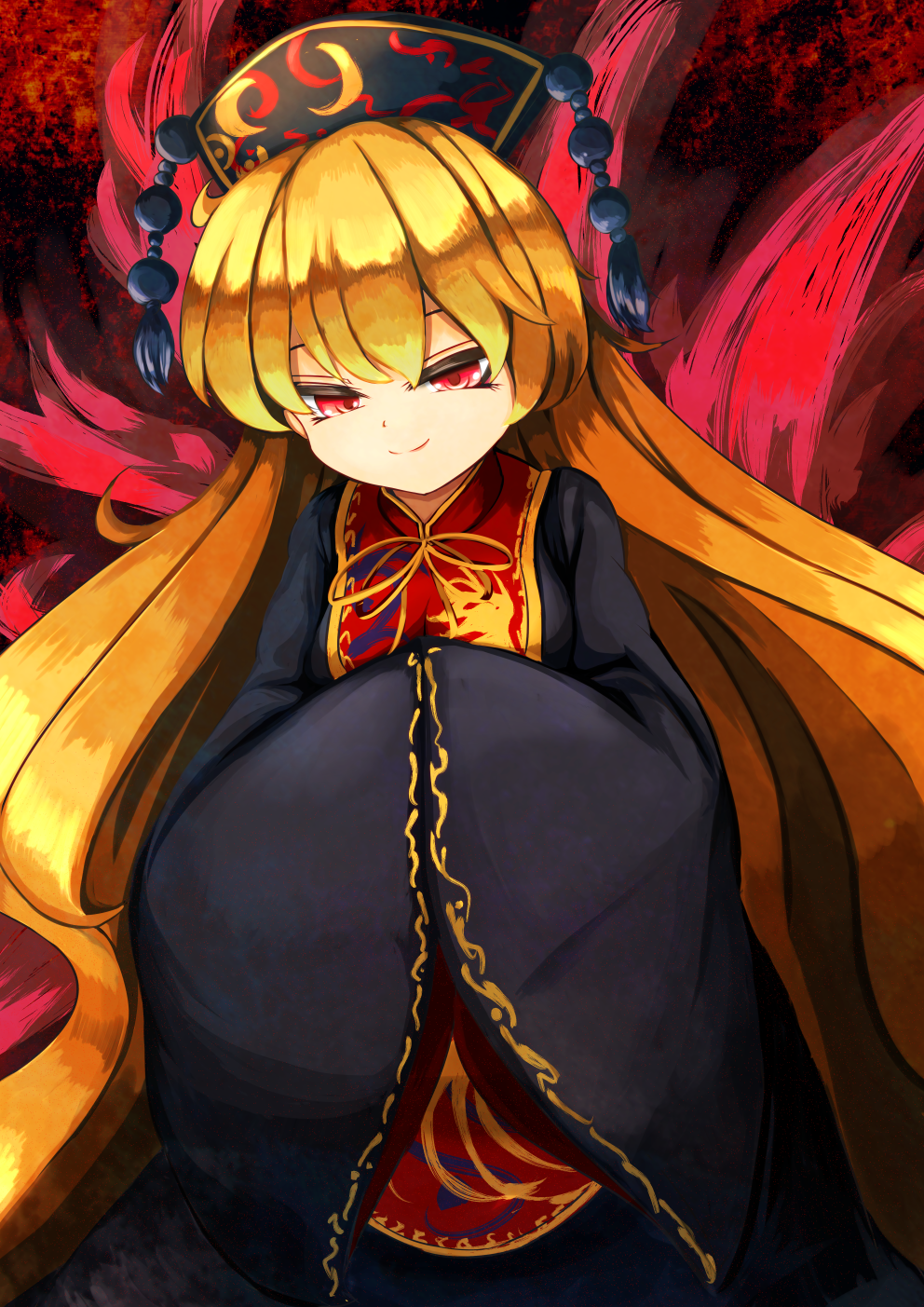1girl bangs black_dress breasts chinese_clothes cowboy_shot dress energy fox_tail half-closed_eyes hands_together harakune_(mugennero) hat head_tilt highres junko_(touhou) looking_down multiple_tails red_eyes ribbon shiny shiny_hair solo tabard tail touhou very_long_sleeves wide_sleeves