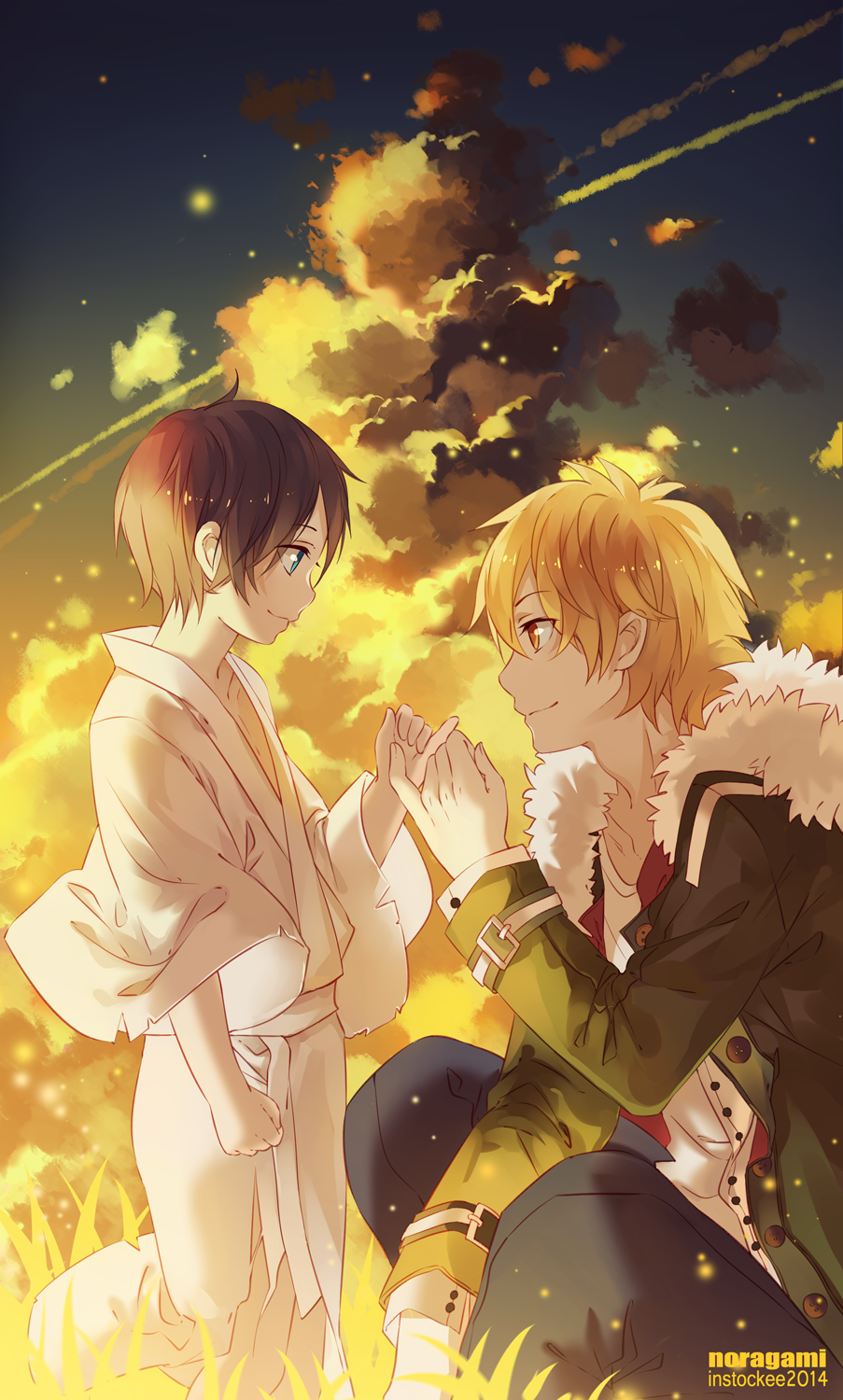 2boys ahoge artist_name belt black_hair blonde_hair blue_eyes buckle buttons child clenched_hand closed_mouth clouds cloudy_sky condensation_trail copyright_name eye_contact fireflies fur_trim grass highres hoodie instockeee jacket japanese_clothes long_sleeves looking_at_another male_focus multiple_boys noragami outdoors pants pinky_out pinky_swear red_eyes revision sitting sky smile standing torn_clothes white_kimono yato_(noragami) yellow_eyes younger yukine_(noragami)