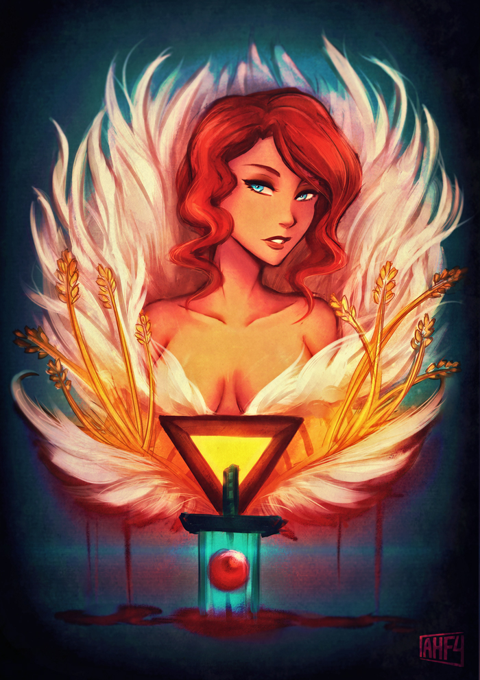 1girl blue_eyes breasts eyeshadow feathers huge_weapon iahfy lips lipstick makeup planted_sword planted_weapon red_(transistor) redhead short_hair solo sword the_transistor transistor_(game) weapon