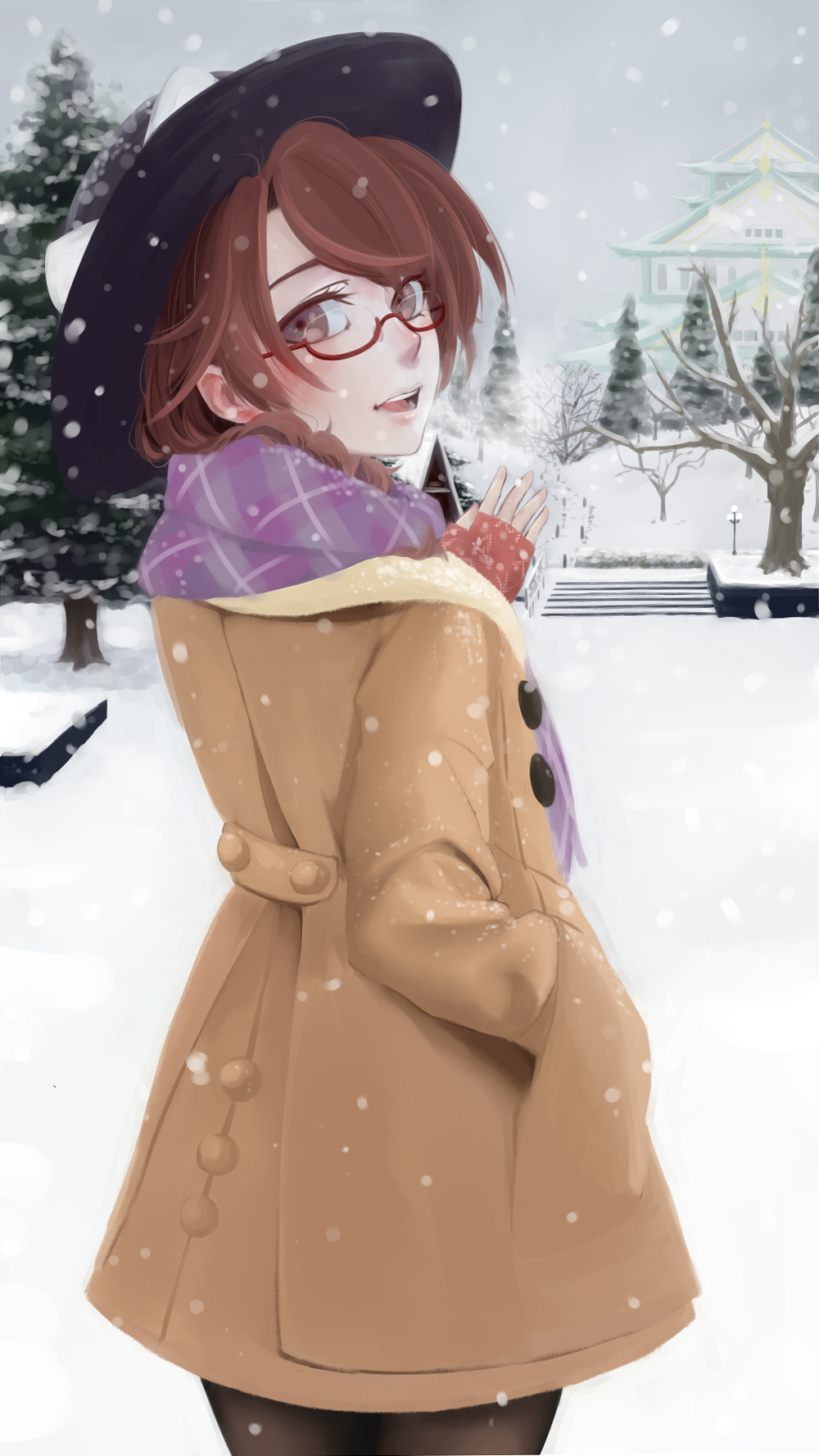 1girl alternate_costume architecture bare_tree blurry blush breath brown_eyes brown_hair brown_legwear castle coat depth_of_field east_asian_architecture fingerless_gloves from_behind glasses gloves hand_in_pocket hat hat_ribbon highres lamppost long_sleeves looking_at_viewer looking_back low_twintails open_mouth pantyhose plaid plaid_scarf red-framed_glasses red_gloves ribbon scarf semi-rimless_glasses snow snowing solo touhou tree twintails under-rim_glasses usami_sumireko winter_clothes xianjian_lingluan
