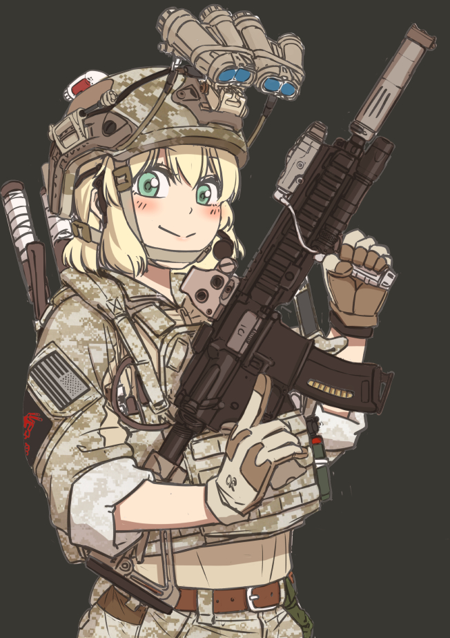 1girl :&gt; assault_rifle belt blonde_hair bulletproof_vest camouflage digital_camouflage emblem eotech gloves green_eyes gun heckler_&amp;_koch helmet hk416 laser_sight night_vision_device operator original plate_carrier rifle shino_(r_shughart) sleeves_rolled_up solo suppressor trigger_discipline vertical_foregrip weapon