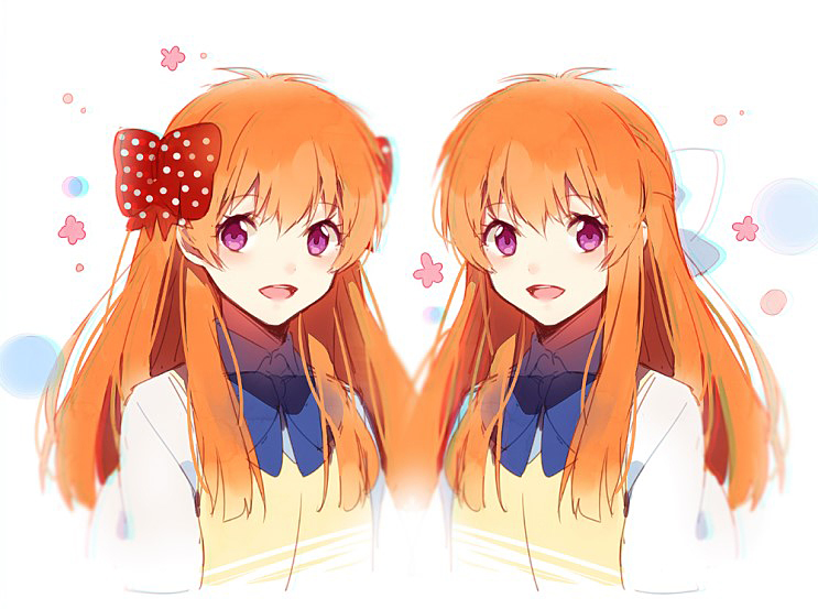 2girls bow dual_persona gekkan_shoujo_nozaki-kun hair_bow hakusai_(tiahszld) multiple_girls open_mouth orange_hair polka_dot polka_dot_bow sakura_chiyo smile sweater_vest violet_eyes