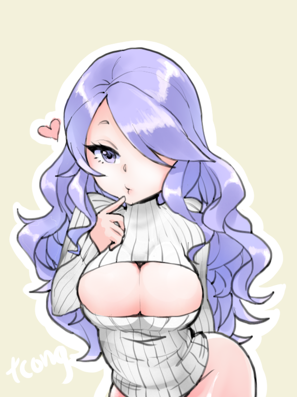 1girl bangs beige_background bottomless breasts camilla_(fire_emblem_if) cleavage cleavage_cutout finger_to_mouth fire_emblem fire_emblem_if hair_over_one_eye heart large_breasts long_hair looking_at_viewer open-chest_sweater purple_hair simple_background solo sweater swept_bangs tcong tsurime violet_eyes wavy_hair