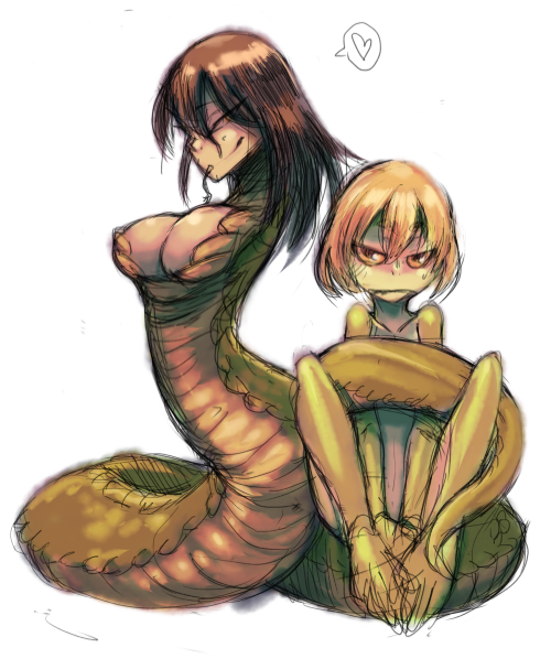 2girls armless breasts frog_girl lamia large_breasts monster_girl multiple_girls no_arms snake_bondage