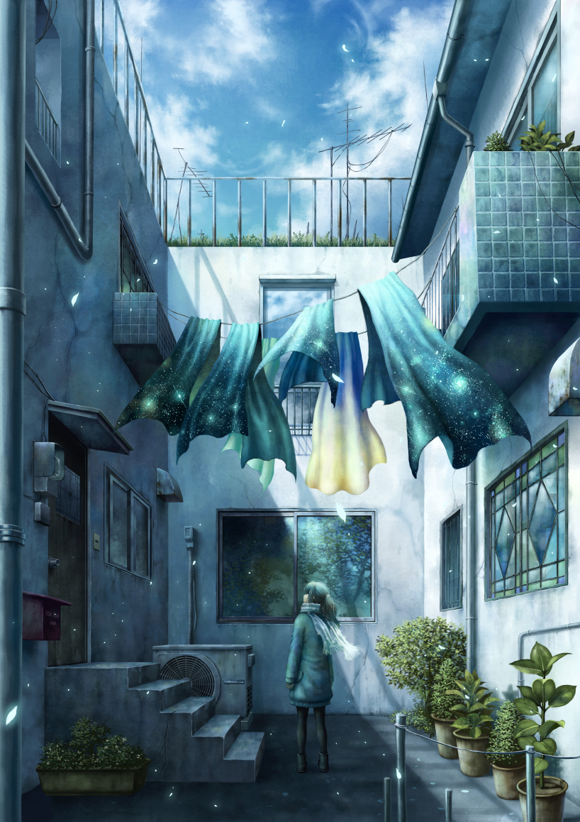 1girl air_conditioner black_hair black_legwear building clothesline coat commentary door galaxy grass kazami_(kuroro) long_hair looking_up mailbox original pantyhose plant ponytail potted_plant railing reflection scarf scenery shadow skirt sky solo stairs surreal towel window