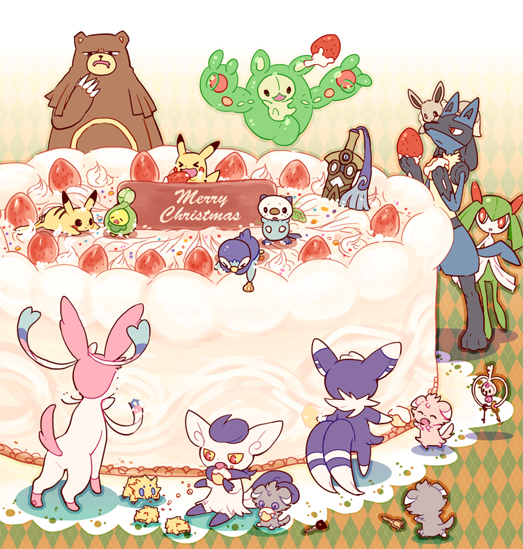 cake christmas eevee espurr food honedge joltik kirlia klefki lucario meowstic miuta no_humans oshawott pikachu piplup pokemon pokemon_(creature) reuniclus sylveon ursaring