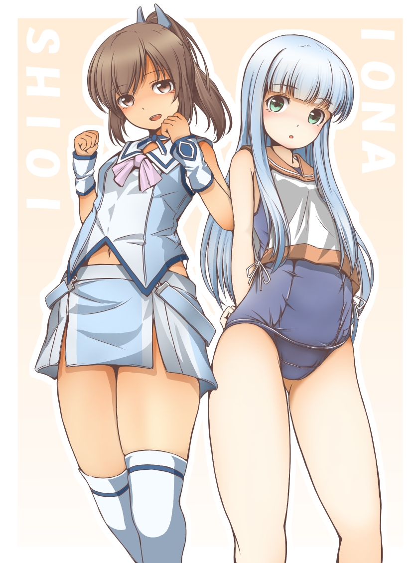 2girls :d :o aoki_hagane_no_arpeggio blue_hair brown_eyes brown_hair character_name cosplay costume_switch crossover gauntlets green_eyes i-401_(kantai_collection) i-401_(kantai_collection)_(cosplay) iona iona_(cosplay) kantai_collection long_hair multiple_girls namesake oku_tamatarou old_school_swimsuit open_mouth ponytail sailor_collar school_swimsuit short_hair smile swimsuit thigh-highs