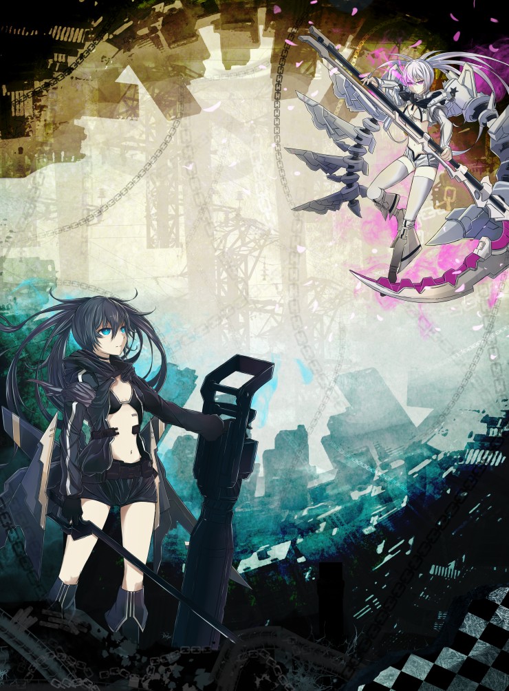 2girls arm_cannon belt bikini_top black_rock_shooter black_rock_shooter_(character) boots coat glowing glowing_eye jianren long_hair midriff multiple_girls navel scythe shorts sword thigh-highs twintails uneven_twintails very_long_hair weapon white_rock_shooter