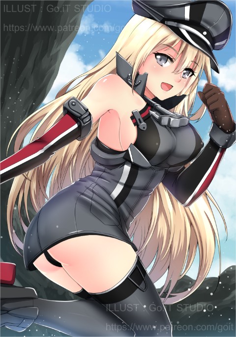 1girl anchor artist_name ass bismarck_(kantai_collection) blonde_hair blue_sky boots breasts brown_gloves clouds covered_nipples detached_sleeves dress gloves go-it grey_dress grey_legwear hand_up hat kantai_collection leg_up long_hair looking_at_viewer looking_to_the_side military_hat panties pantyshot pantyshot_(standing) peaked_cap shiny shiny_hair short_dress sideboob skirt sky sleeveless sleeveless_dress solo standing thigh-highs thighs underwear very_long_hair water_droplets watermark web_address