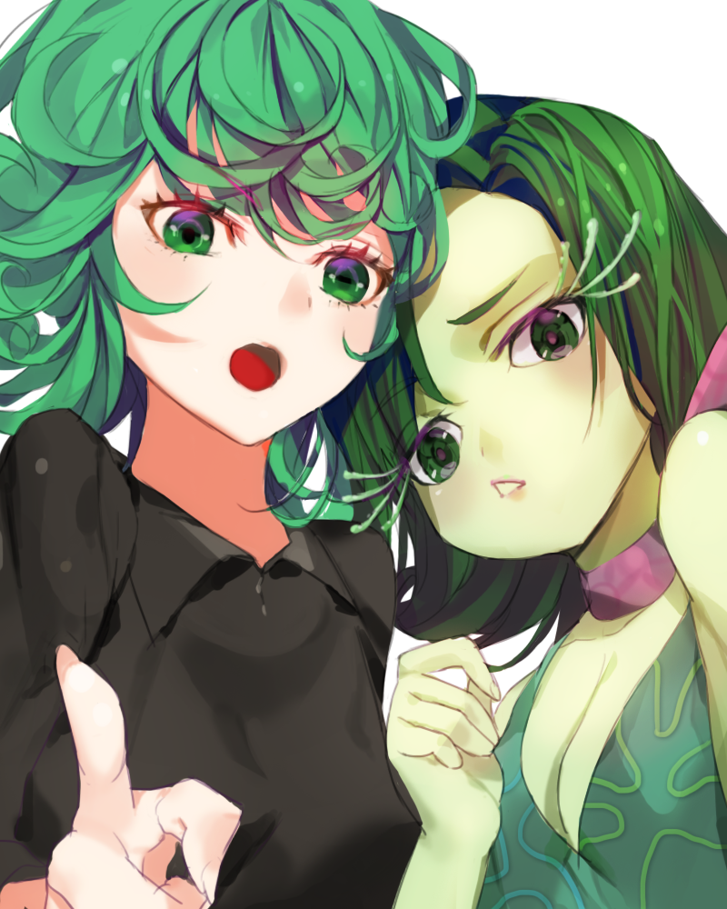 2girls :o bangs breasts chestnut_mouth cleavage color_connection crossover disgust_(inside_out) dress eyelashes green_eyes green_hair head_to_head inside_out looking_at_viewer multiple_girls naeun_(pinky1866) onepunch_man pixar pointing pointing_at_viewer scarf short_hair simple_background sleeveless tatsumaki upper_body white_background