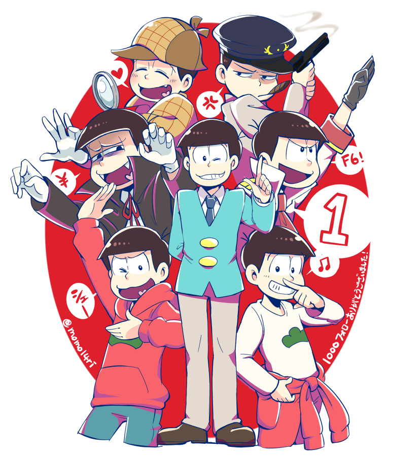 6+boys alternate_costume anger_vein arm_up bowl_cut brown_hair capelet cigar clothes_around_waist costume deerstalker detective f6 fang fangs formal gloves gun hat heart heart_in_mouth hoodie index_finger_raised jacket_around_waist jumpsuit long_sleeves male_focus mone_(14ri0000) multiple_boys multiple_persona musical_note one_eye_closed osomatsu-kun osomatsu-san osomatsu_(osomatsu-kun) peaked_cap police police_uniform shaded_face sheeeh! smile spoken_anger_vein spoken_heart spoken_musical_note suit twitter_username uniform vampire_costume weapon white_gloves wiping_nose