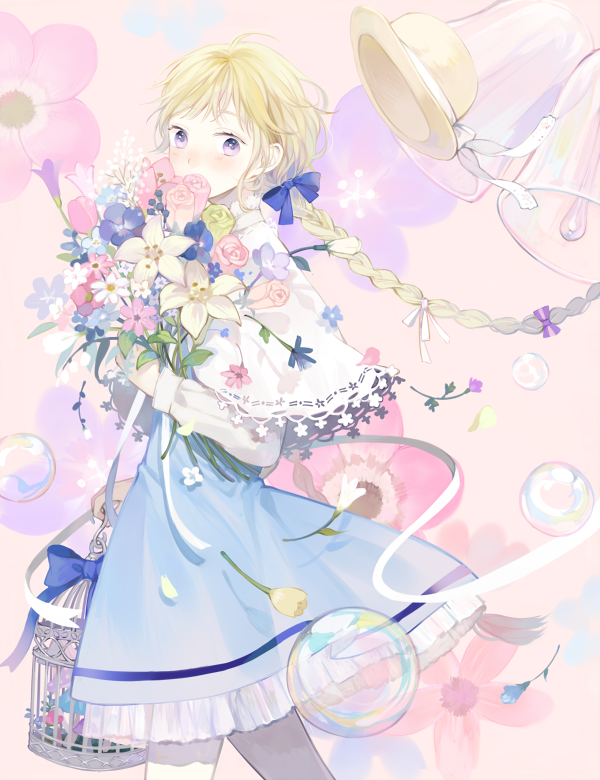 1girl bell birdcage blonde_hair blue_dress blush bouquet bow braid cage capelet covered_mouth dress floral_background flower from_side hair_bow hat hat_removed headwear_removed lace long_hair long_sleeves original petals seuga soap_bubbles solo twin_braids very_long_hair violet_eyes