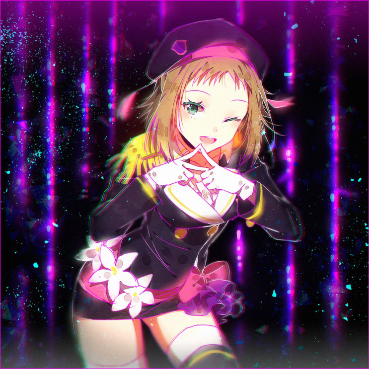 1girl ;d black_background blurry brown_hair cowboy_shot double-breasted epaulettes flower frills green_eyes hakusai_(tiahszld) happy hat jacket kira_tsubasa leaning_forward looking_at_viewer love_live!_school_idol_project mole mole_under_eye one_eye_closed open_mouth shocking_party short_hair skirt smile solo thigh-highs