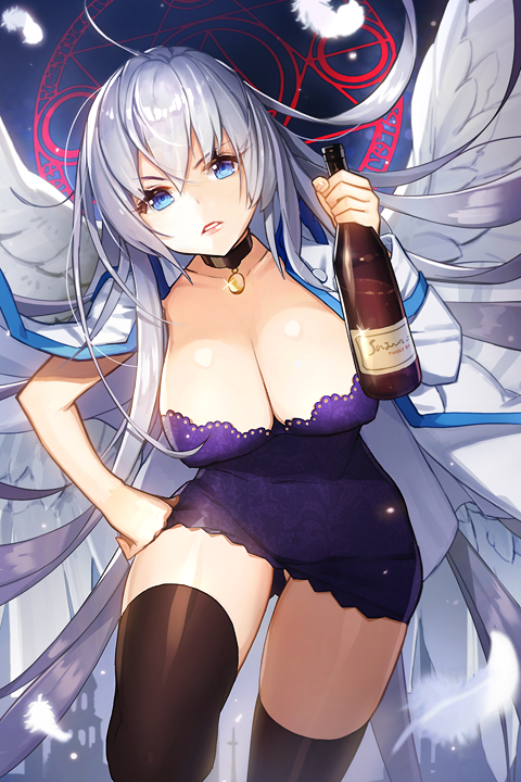1girl ahoge alcohol ass_visible_through_thighs bangs black_legwear blue_eyes breasts choker cleavage d: dress feathers floating_hair holding_bottle jacket_on_shoulders lace-trimmed_dress large_breasts long_hair long_sleeves magic_circle open_mouth purple_dress short_dress sigma_(sword_girls) silver_hair solo strapless_dress sword_girls thigh-highs upskirt very_long_hair white_hair white_wings whoisshe wine wine_bottle wings