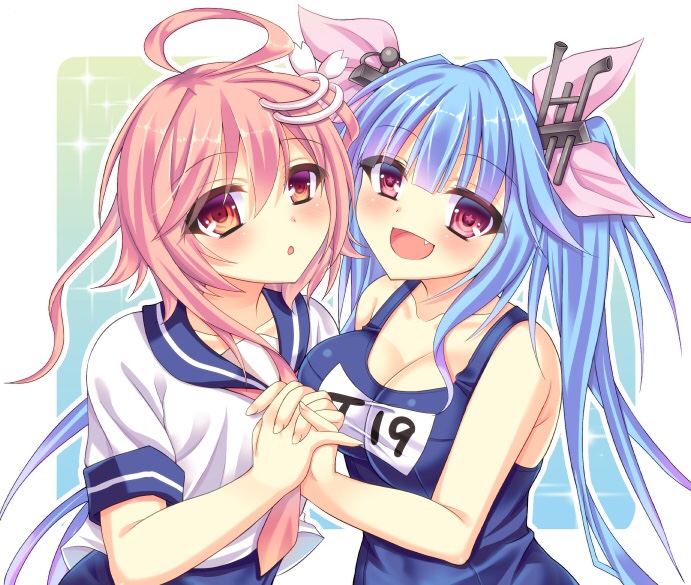 ahoge blue_hair blush breasts fang hair_ornament hair_ribbon hands_together i-19_(kantai_collection) i-58_(kantai_collection) interlocked_fingers kantai_collection large_breasts long_hair multiple_girls nagare_yoshimi name_tag one-piece_swimsuit open_mouth pink_hair red_eyes ribbon school_swimsuit school_uniform serafuku short_hair smile star star-shaped_pupils submarine swimsuit swimsuit_under_clothes symbol-shaped_pupils twintails