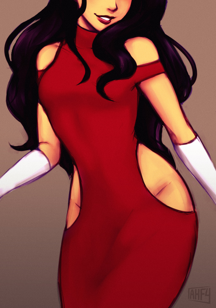 1girl asami_sato avatar:_the_last_airbender black_hair breasts cowboy_shot dress elbow_gloves gloves head_out_of_frame hip_vent iahfy lipstick long_hair makeup no_panties red_dress revealing_clothes sleeveless sleeveless_dress smile solo the_legend_of_korra turtleneck white_gloves