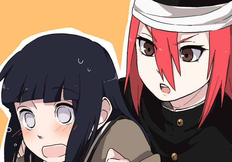 2girls bandages black_hair blush brown_eyes hand_on_another's_shoulder hat hyuuga_hinata kamoi_hayato long_hair multiple_girls naruto redhead school_uniform serafuku surprised sweatdrop tayuya_(naruto) white_eyes yuri