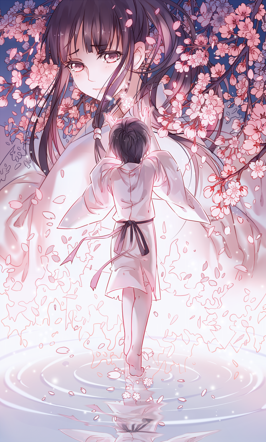 1boy 1girl arms_up back bad_id bangs barefoot cherry_blossoms closed_mouth dissolving_clothes flower hair_ornament highres instockeee japanese_clothes long_hair noragami petals ponytail purple_hair reaching red_eyes reflection revision ripples sakura_(noragami) smile soles tears torn_clothes violet_eyes walking walking_on_water water white_kimono yato_(noragami)