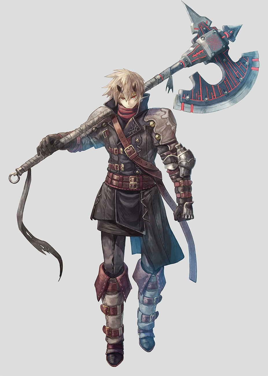 1boy arm_belt armor axe battle_axe belt black_clothes black_gloves boots brown_eyes clenched_hand full_body gloves grey_footwear highres holding holding_axe horns knee_boots kuroi_susumu light_brown_hair looking_at_viewer male_focus official_art over_shoulder red_scarf scarf solo standing sword_world sword_world_2.5 weapon