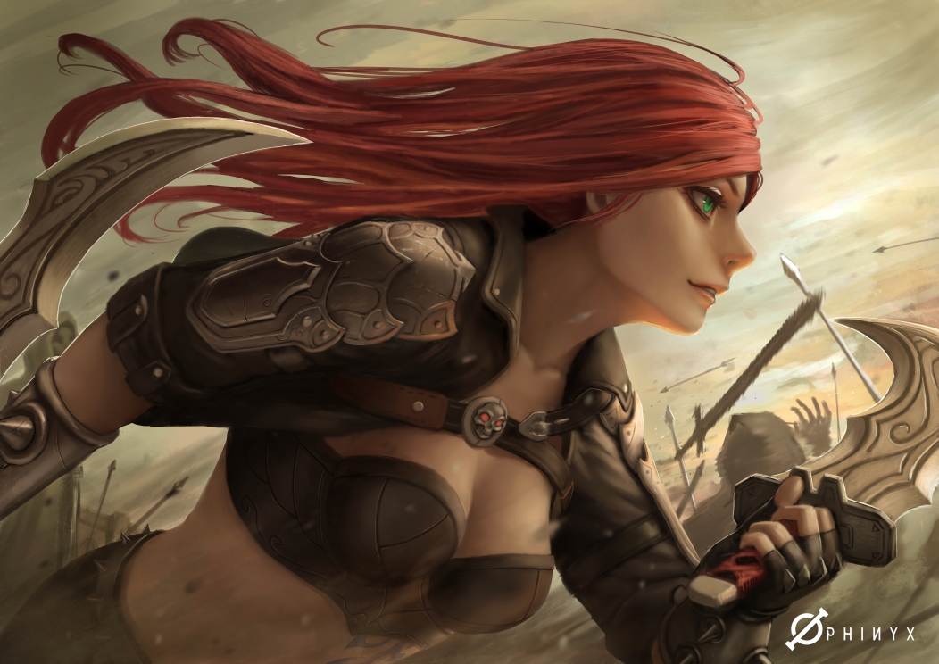 1girl armor arrow battlefield belt bikini_top black_gloves breasts cleavage collarbone cropped_jacket dagger dual_wielding fingerless_gloves from_side gloves green_eyes holding_weapon hood katarina_du_couteau league_of_legends long_hair midriff motion_blur namae_shifuta outdoors parted_lips polearm redhead signature sky solo_focus spaulders spear spikes sword weapon