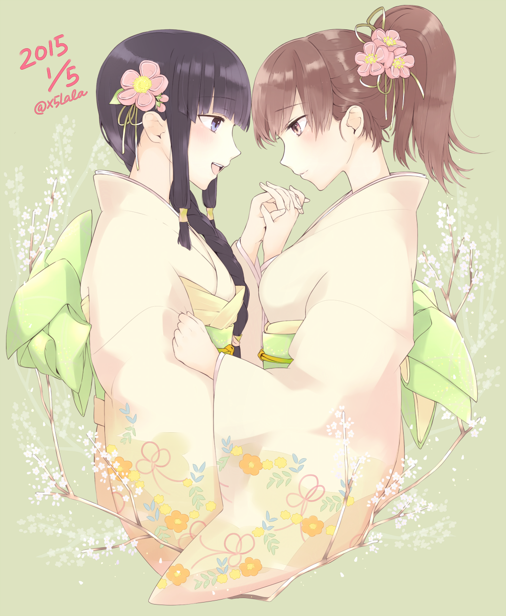 2girls bangs black_hair blue_eyes blunt_bangs braid branch brown_eyes brown_hair dated eye_contact floral_print flower hair_flower hair_ornament hair_over_shoulder hair_up highres holding_hands interlocked_fingers japanese_clothes kantai_collection kimono kitakami_(kantai_collection) long_hair looking_at_another multiple_girls obi ooi_(kantai_collection) open_mouth plum_blossoms ponytail profile saki_hajime sash sidelocks smile twitter_username