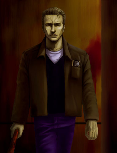 1boy artist_request brown_hair denim harry_mason jacket jeans lead_pipe lowres male_focus pants short_hair silent_hill silent_hill_1 solo