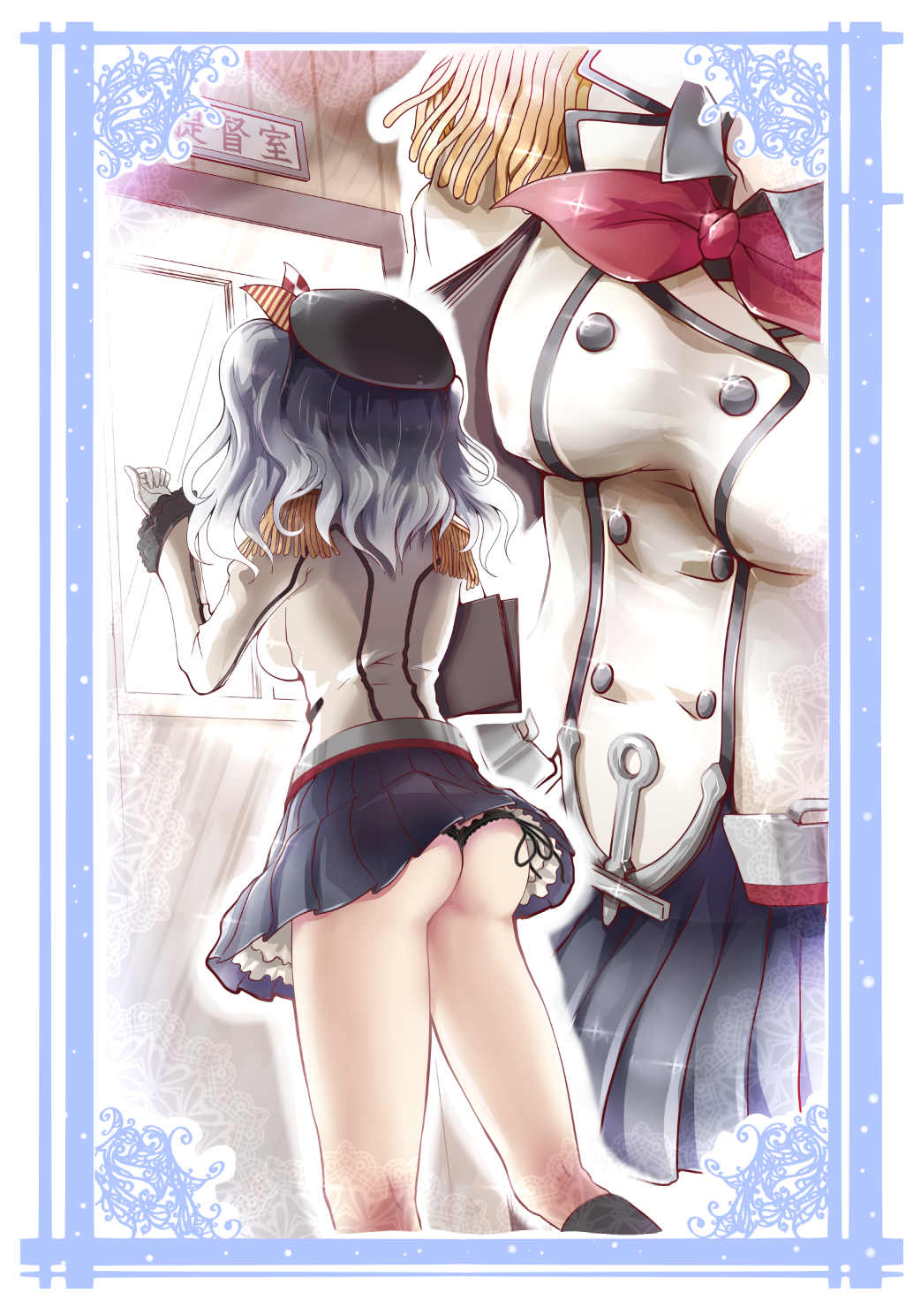 1girl ass black_panties blush breasts chunyan epaulettes gloves hat head_out_of_frame highres kantai_collection kashima_(kantai_collection) large_breasts military military_uniform miniskirt panties silver_hair skirt solo twintails underwear uniform wavy_hair