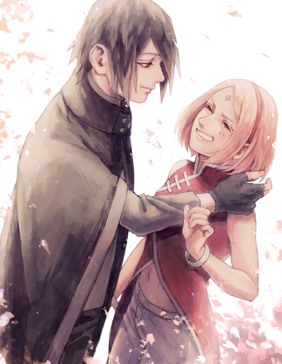 1boy 1girl black_hair couple facial_mark forehead_mark grin hairband haruno_sakura hetero highres husband_and_wife naruto petals pink_hair smile subuta_(butabutasubuta) uchiha_sasuke