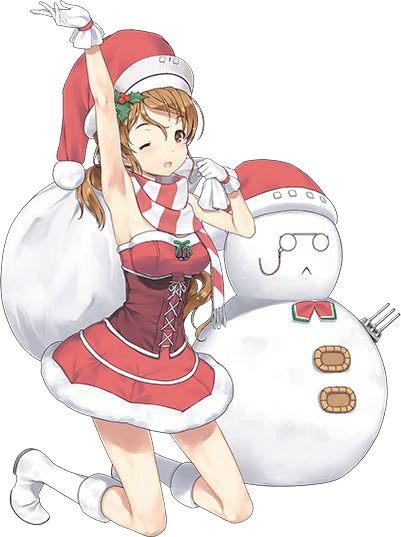 1girl arm_up armpits bare_shoulders boots brown_hair glasses gloves hat holly jiji kantai_collection kneeling littorio_(kantai_collection) official_art one_eye_closed open_mouth over_shoulder red_skirt sack santa_costume santa_hat scarf skirt snowman solo striped striped_scarf white_background white_boots white_gloves