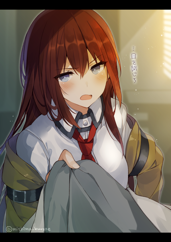 1girl annoyed armlet artist_name belt blue_eyes blush brown_jacket collared_shirt dust holding indoors labcoat letterboxed long_hair looking_at_viewer makise_kurisu mishima_kurone necktie off_shoulder open_mouth pov red_necktie redhead shirt solo steins;gate sunlight translated upper_body white_shirt window