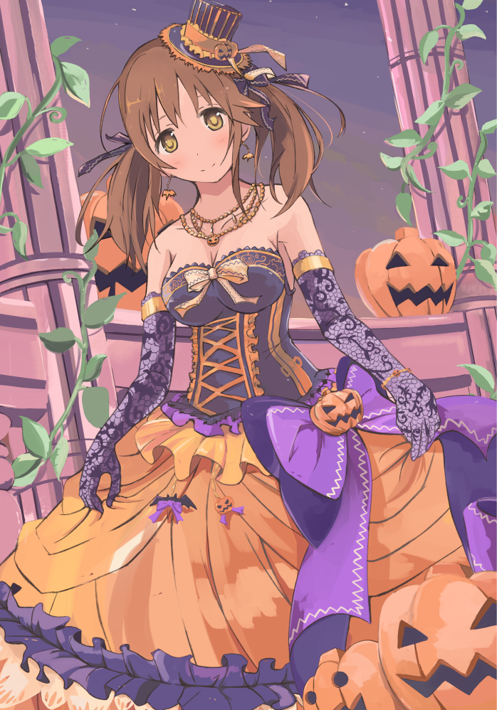1girl bare_shoulders breasts brown_eyes brown_hair dress elbow_gloves gloves halloween idolmaster idolmaster_cinderella_girls idolmaster_cinderella_girls_starlight_stage riva0412 smile solo totoki_airi twintails