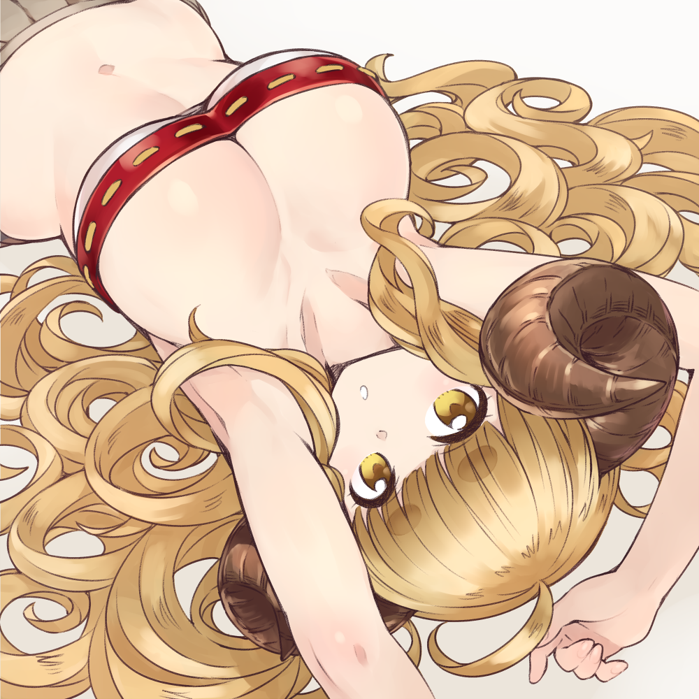 1girl :o ahoge anila_(granblue_fantasy) armpits arms_up bandeau bangs bare_arms bare_shoulders blonde_hair blunt_bangs bra breasts brown_eyes brown_skirt chan_co cleavage collarbone curly_hair granblue_fantasy horns large_breasts long_hair looking_at_viewer lying midriff navel on_back parted_lips pleated_skirt red_bra sheep_horns sidelocks simple_background skirt solo stomach underwear upper_body upside-down very_long_hair white_background