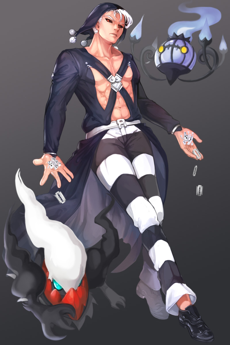 1boy black_sclera chandelure darkrai full_body hat highres jojo_no_kimyou_na_bouken male_focus metallica_(stand) pants pokemon pokemon_(creature) razor_blade red_eyes risotto_nero rokiru stand_(jojo) striped striped_pants white_hair