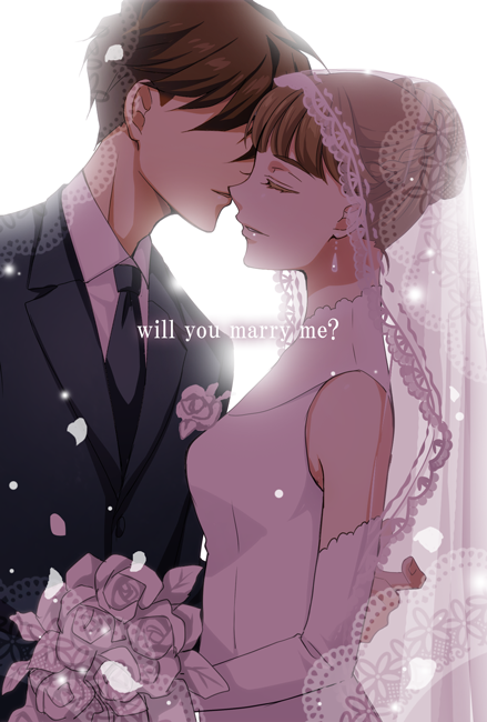 1boy 1girl ? arm_around_back bangs black_necktie blunt_bangs bouquet bridal_veil brown_hair couple dress earrings english face-to-face flower formal from_side gloves gundam gundam_wing heero_yuy hetero implied_kiss jewelry lace long_hair parted_lips petals rei_(usabiba) relena_peacecraft rose see-through shirt simple_background sleeveless suit upper_body veil wedding wedding_dress white_background white_flower white_rose white_shirt