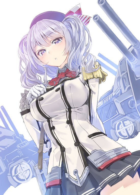 1girl beret blue_eyes breasts buttons cannon epaulettes frilled_sleeves frills gloves hair_ribbon hat jacket kantai_collection kashima_(kantai_collection) kerchief large_breasts long_hair looking_down machinery miniskirt pleated_skirt revision ribbon sidelocks silver_hair skirt solo tsurime turret twintails uniform wavy_hair yahako