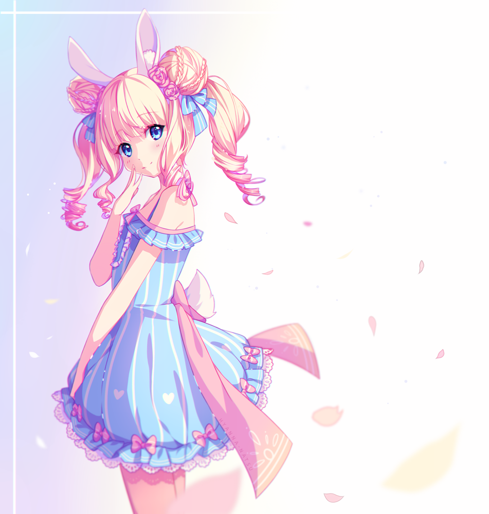 1girl animal_ears artist_name bangs bare_shoulders blonde_hair blue_bow blue_dress blue_eyes blunt_bangs blush borrowed_character bow bunny_girl bunny_tail dress drill_hair finger_to_face from_side gradient gradient_background hair_bow head_tilt heart_print hyanna-natsu looking_at_viewer multicolored_hair original petals pink_bow pink_hair rabbit_ears short_hair simple_background smile solo standing tail two-tone_hair white_background