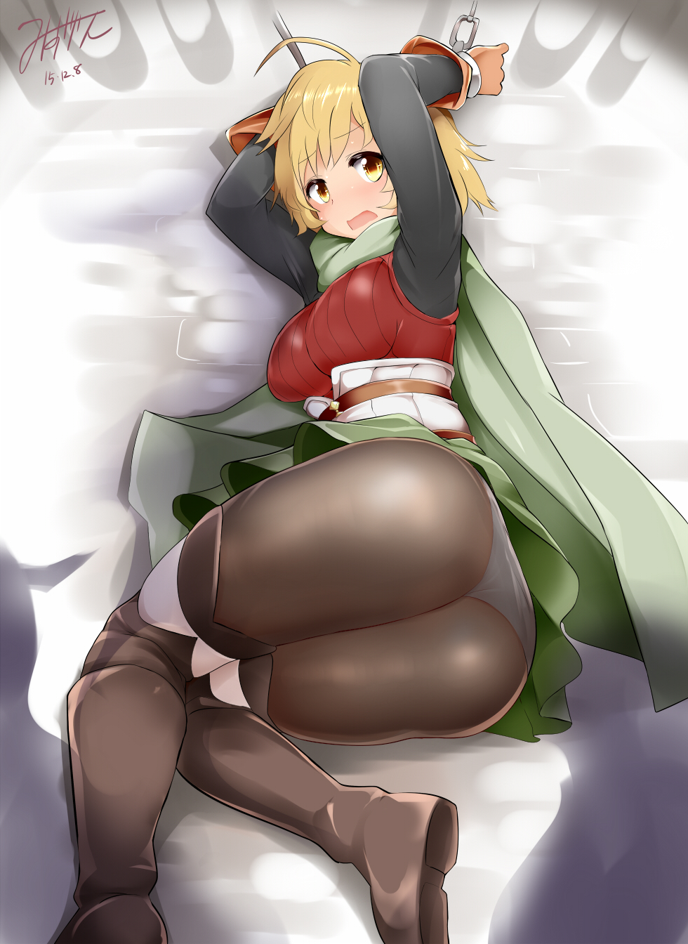 1girl 2015 ahoge ass bangs belt black_legwear blonde_hair blush boots cape chain dated eyebrows gloves granblue_fantasy green_cape green_skirt highres knees_together_feet_apart long_sleeves looking_at_viewer lying mizuyan on_side open_mouth panties panties_under_pantyhose pantyhose pantyshot pantyshot_(lying) restrained short_hair signature skirt skirt_lift solo teena_(granblue_fantasy) thigh-highs thigh_boots underbust underwear upskirt wrist_cuffs
